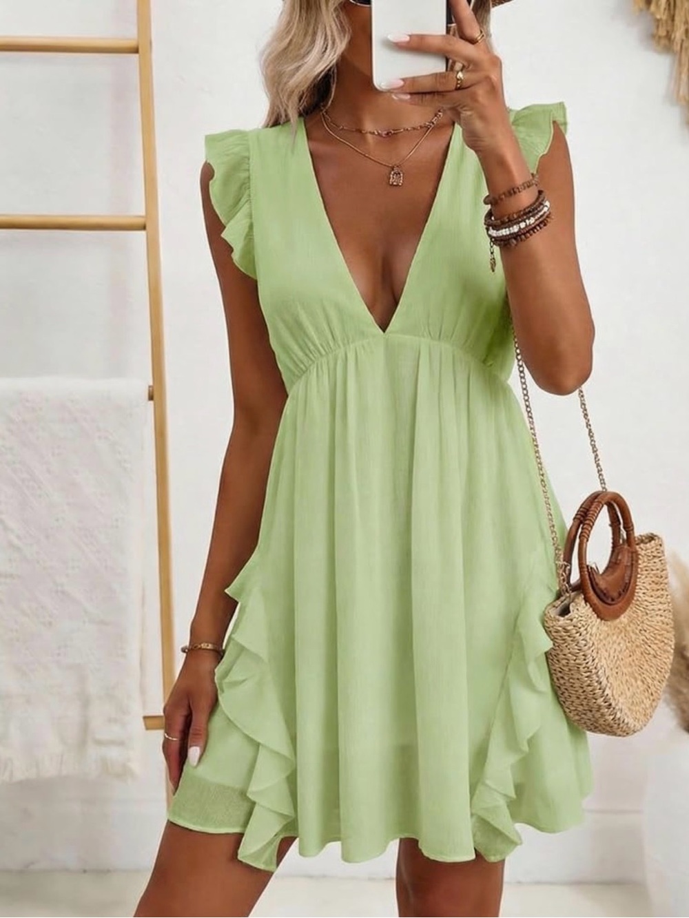 Light Green Ruffle V-Neck Summer Dress